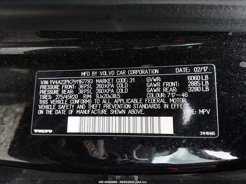 2017 Volvo Xc90 VIN YV4A22PK7H1167783 IAAI salvage auction — FRONT END, Salvage Title, sold $4,050 on 2026-07-22 (photo 9)