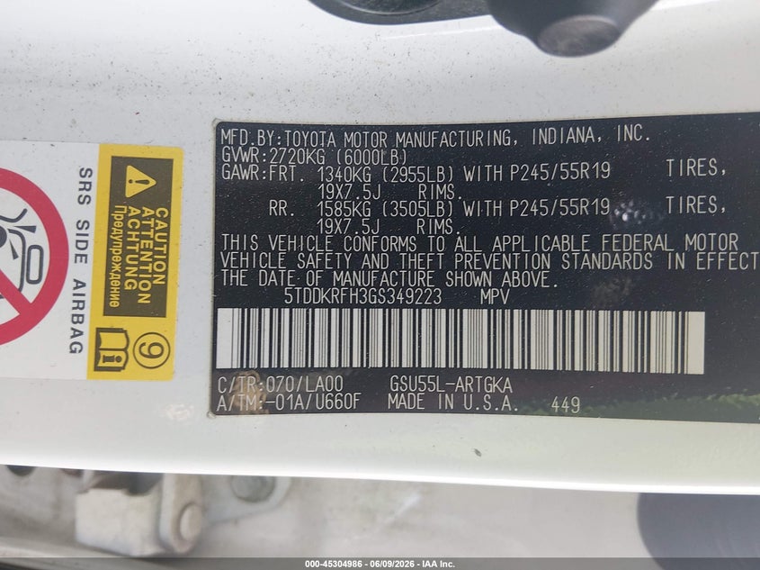 2016 Toyota Highlander VIN 5TDDKRFH3GS349223 IAAI salvage auction — FRONT END, Salvage Title, sold $25 on 2026-07-29 (photo 9)