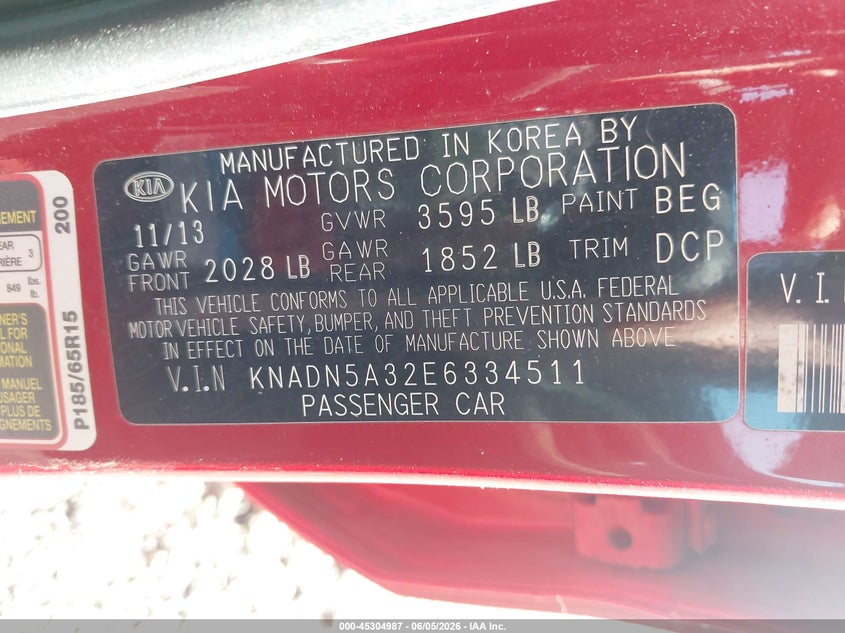 2014 Kia Rio VIN KNADN5A32E6334511 IAAI salvage auction — FRONT END, Salvage Title, sold $350 on 2026-07-08 (photo 9)