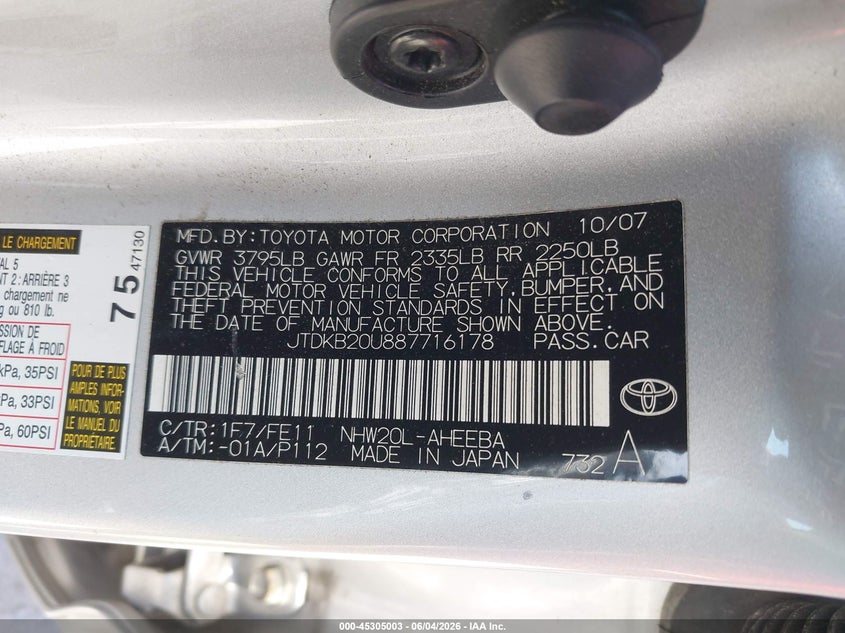 2008 Toyota Prius VIN JTDKB20U887716178 IAAI salvage auction — FRONT END, Salvage (California), sold $550 on 2026-07-15 (photo 9)