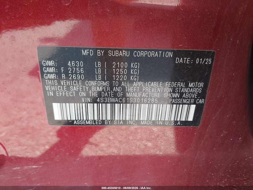2025 Subaru LEGACY VIN 4S3BWAC61S3016285 IAAI salvage auction — REAR END, Salvage Title, sold $7,725 on 2026-07-28 (photo 9)