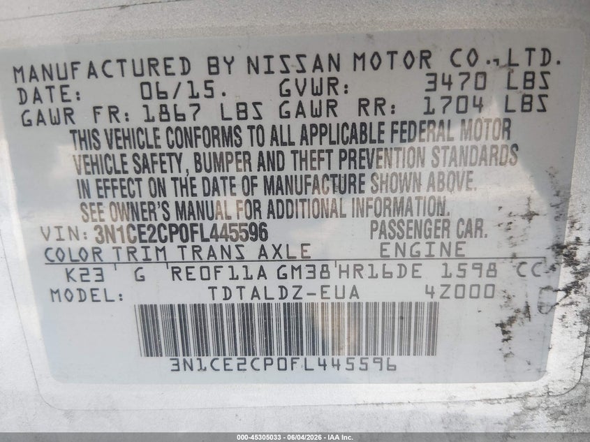 2015 Nissan Versa VIN 3N1CE2CP0FL445596 IAAI salvage auction — NORMAL WEAR, Salvage Title, sold $475 on 2026-07-24 (photo 9)