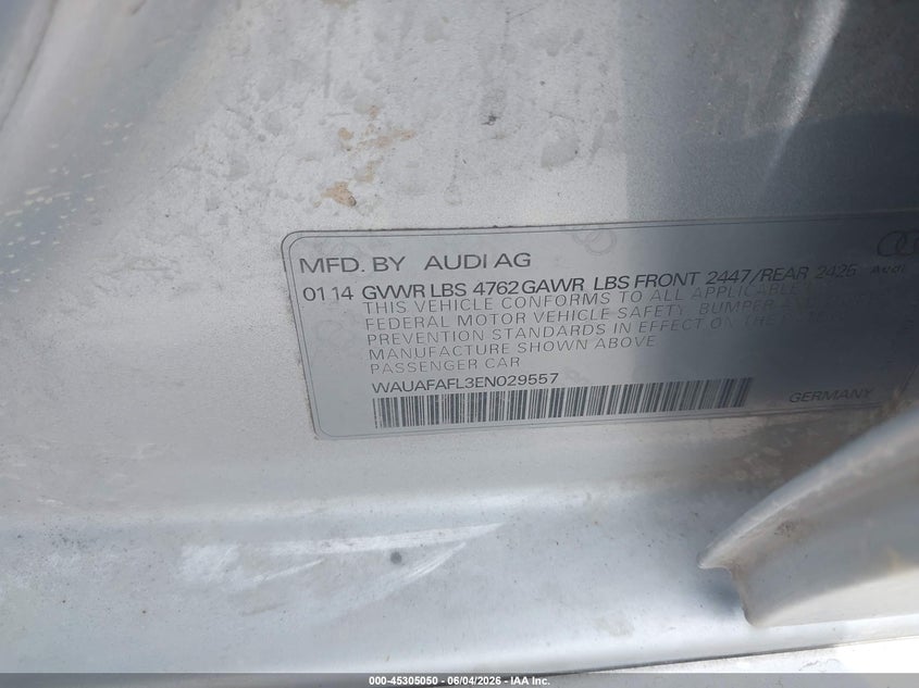 2014 Audi A4 VIN WAUAFAFL3EN029557 IAAI salvage auction — UNKNOWN, Original (Texas), sold $925 on 2026-07-10 (photo 9)