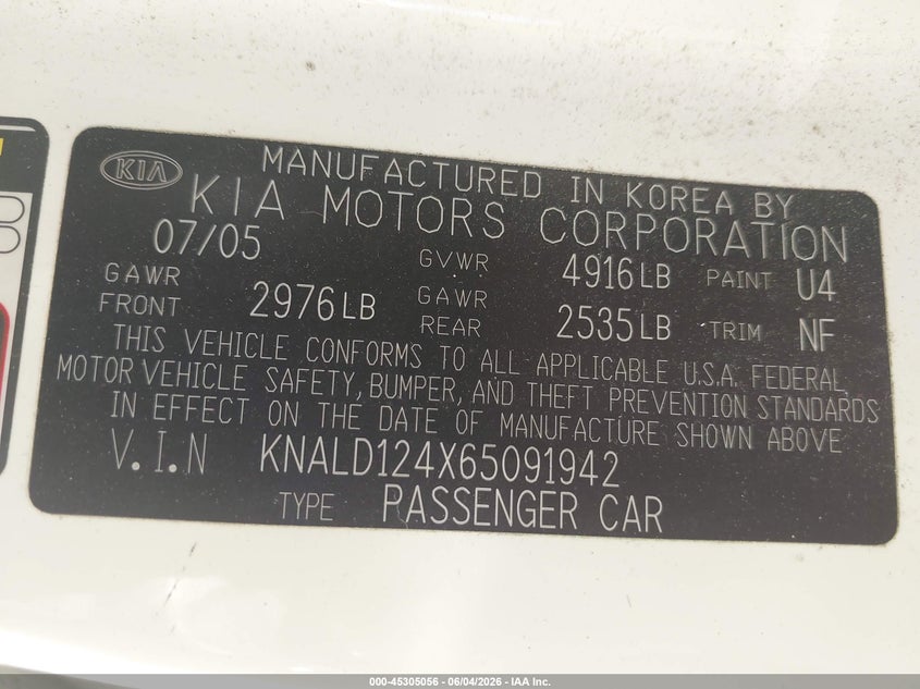 2006 Kia Amanti VIN KNALD124X65091942 IAAI salvage auction — FRONT END, Salvage (Georgia), sold $400 on 2026-07-16 (photo 9)