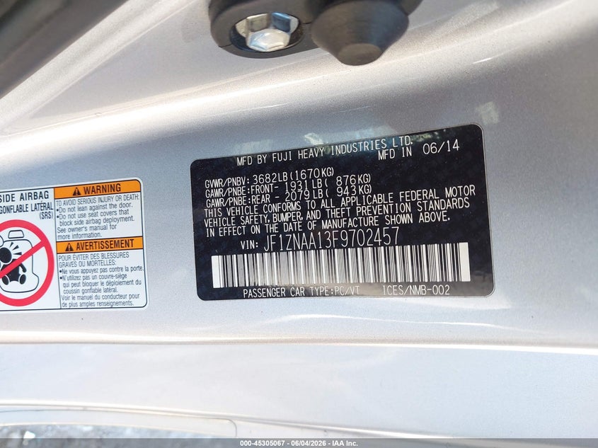 2015 Scion Fr-s VIN JF1ZNAA13F9702457 IAAI salvage auction — SIDE, Salvage Title, sold $2,000 on 2026-08-21 (photo 9)