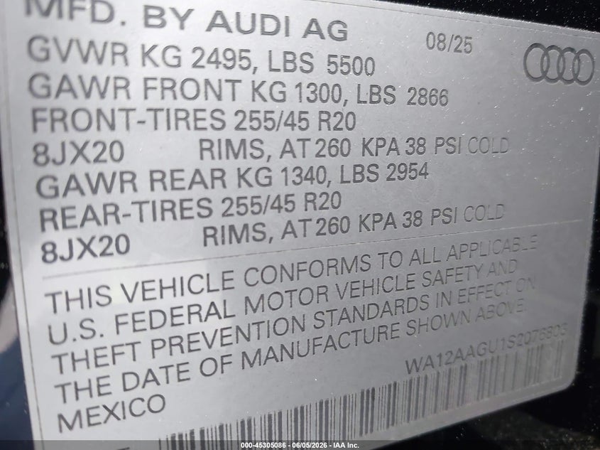 2025 Audi Q5 VIN WA12AAGU1S2076803 IAAI salvage auction — FRONT END, Salvage Certificate (California), sold $25 on 2026-07-29 (photo 9)