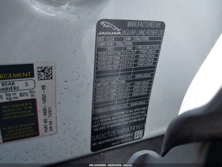 2024 Jaguar F-pace VIN SADCT2EX4RA741611 IAAI salvage auction — REAR END, Salvage Title, sold $13,500 on 2026-07-24 (photo 9)