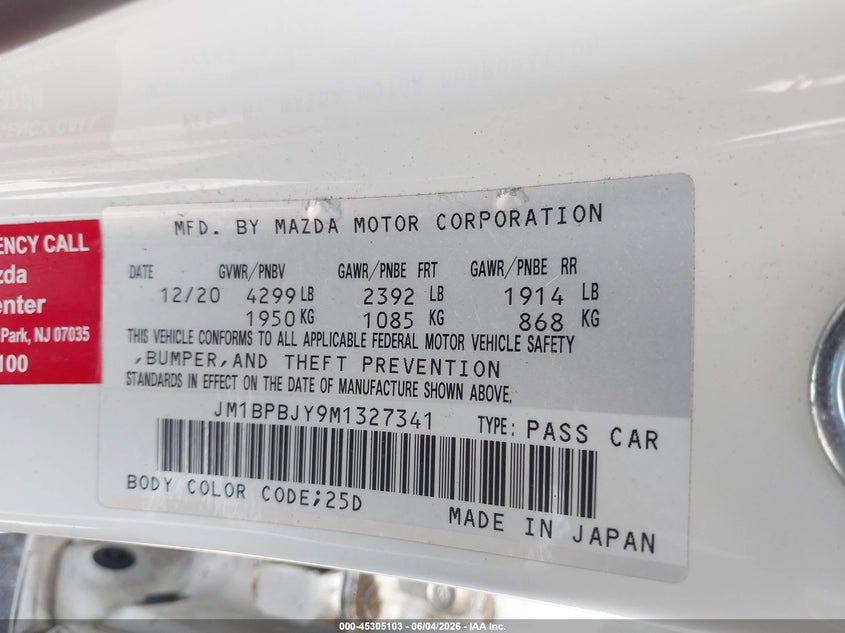 2021 Mazda 3 VIN JM1BPBJY9M1327341 IAAI salvage auction — FRONT END, Salvage (New Jersey), sold $850 on 2026-07-29 (photo 9)