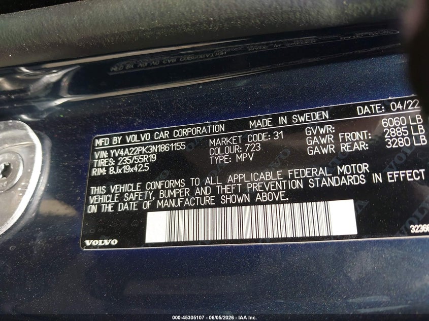 2022 Volvo Xc90 VIN YV4A22PK3N1861155 IAAI salvage auction — SIDE, Salvage Title, sold $5,100 on 2026-07-09 (photo 9)