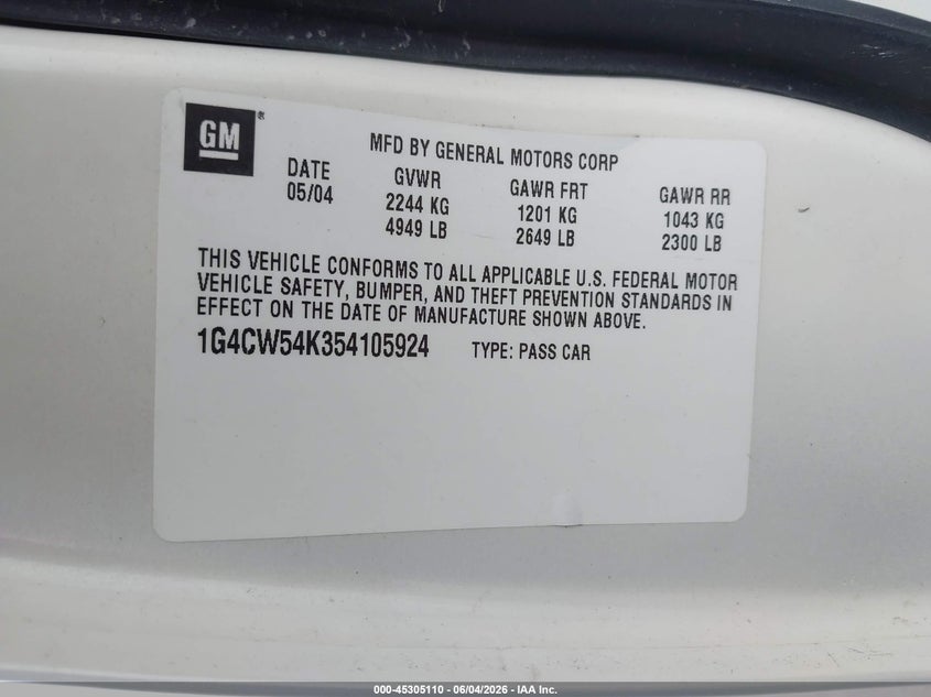 2005 Buick Park avenue VIN 1G4CW54K354105924 IAAI salvage auction — RIGHT FRONT, Salvage (Iowa), sold $450 on 2026-07-09 (photo 9)