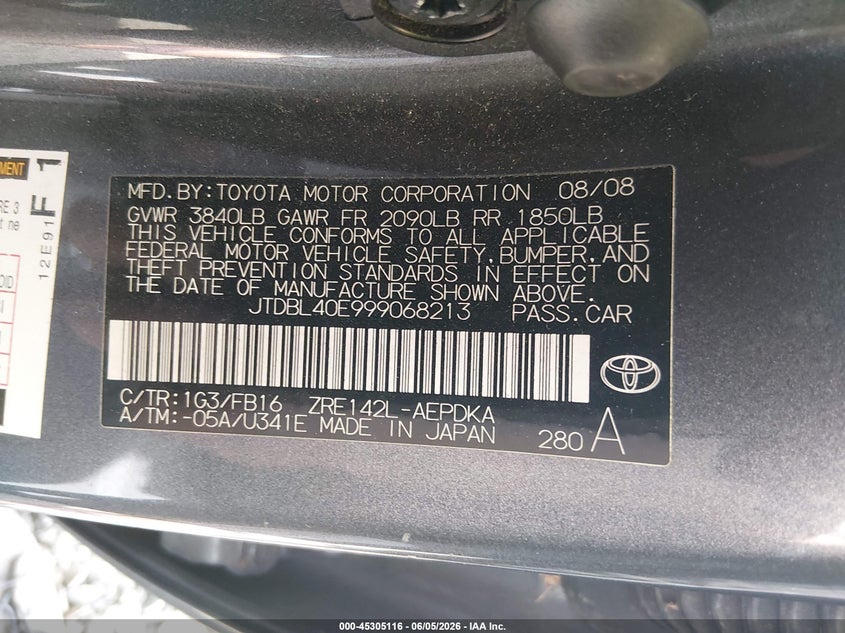 2009 Toyota Corolla VIN JTDBL40E999068213 IAAI salvage auction — FRONT END, Salvage (Oregon), sold $1,300 on 2026-07-20 (photo 9)