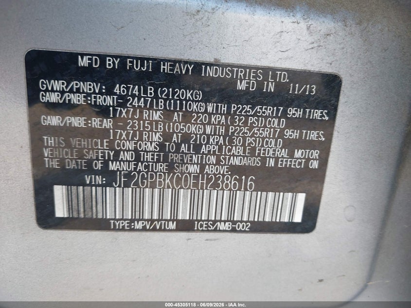 2014 Subaru Xv VIN JF2GPBKC0EH238616 IAAI salvage auction — NORMAL WEAR, Salvage Title, sold $450 on 2026-07-21 (photo 9)