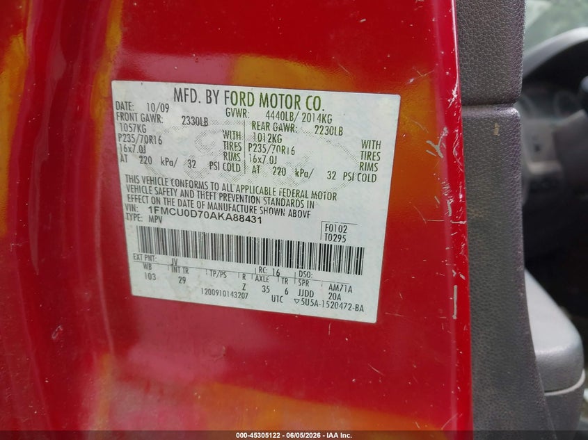 2010 Ford Escape VIN 1FMCU0D70AKA88431 IAAI salvage auction — BIO HAZARD, Clear (Alabama), sold $325 on 2026-07-12 (photo 9)