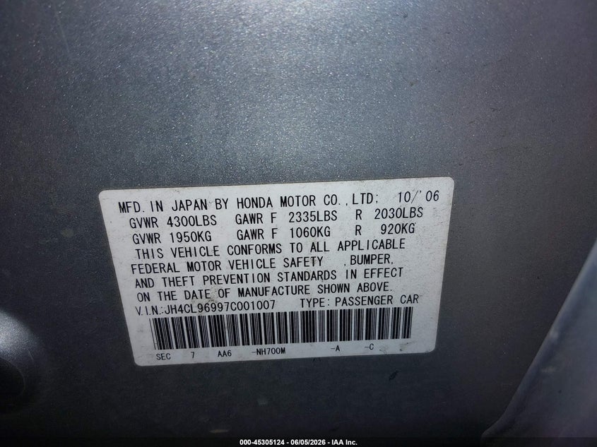 2007 Acura Tsx VIN JH4CL96997C001007 IAAI salvage auction — FRONT END, Salvage (Oregon), sold $550 on 2026-07-30 (photo 9)
