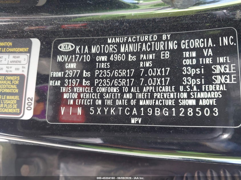 2011 Kia Sorento VIN 5XYKTCA19BG128503 IAAI salvage auction — NORMAL WEAR, Clear (New York), sold $600 on 2026-07-07 (photo 9)