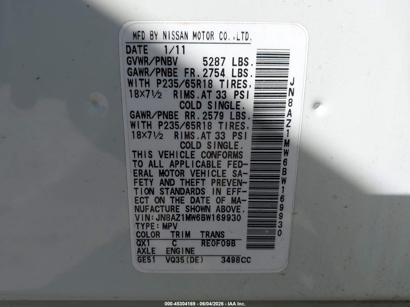 2011 Nissan Murano VIN JN8AZ1MW6BW169930 IAAI salvage auction — NORMAL WEAR, Original (Maine), sold $275 on 2026-07-06 (photo 9)