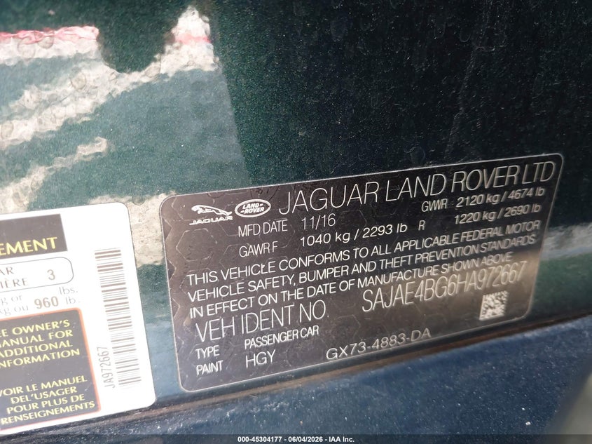 2017 Jaguar Xe VIN SAJAE4BG6HA972667 IAAI salvage auction — FRONT END, Salvage (Georgia), sold $425 on 2026-07-30 (photo 9)