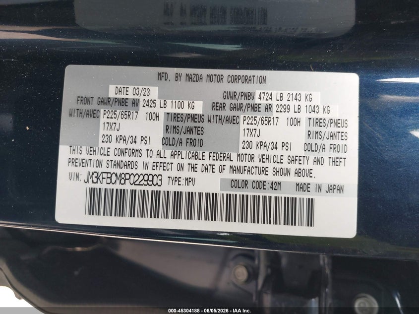 2023 Mazda Cx-5 VIN JM3KFBCM8P0229903 IAAI salvage auction — FRONT END, Salvage (Texas), sold $3,950 on 2026-08-24 (photo 9)