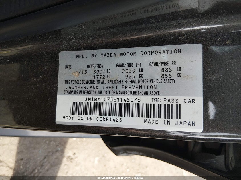 2014 Mazda 3 VIN JM1BM1U75E1145076 IAAI salvage auction — LEFT SIDE, Salvage Title, sold $725 on 2026-07-21 (photo 9)