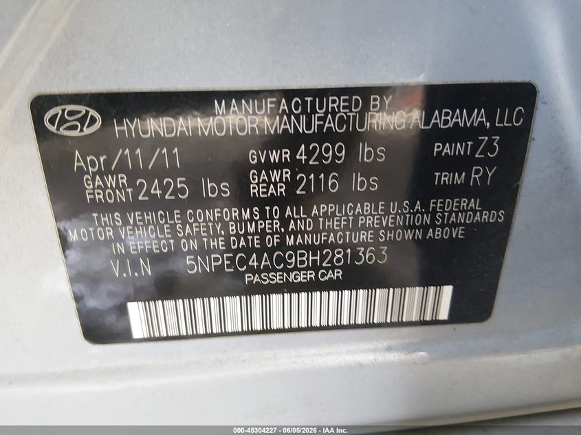 2011 Hyundai Sonata VIN 5NPEC4AC9BH281363 IAAI salvage auction — FRONT END, Salvage (Delaware), sold $650 on 2026-07-06 (photo 9)