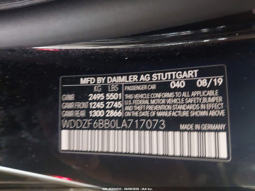 2020 Mercedes-benz VIN WDDZF6BB0LA717073 IAAI salvage auction — FRONT END, Salvage (Indiana), sold $7,600 on 2026-07-29 (photo 9)