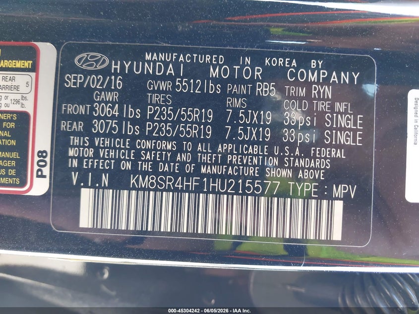 2017 Hyundai Santa fe VIN KM8SR4HF1HU215577 IAAI salvage auction — FRONT END, Salvage Title, sold $1,300 on 2026-07-21 (photo 9)