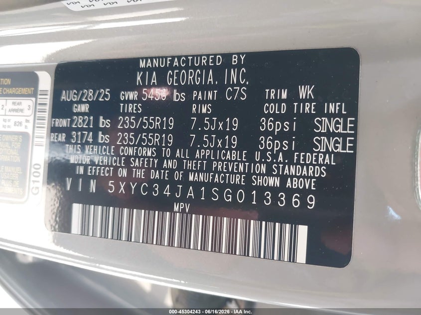 2025 Kia Ev6 VIN 5XYC34JA1SG013369 IAAI salvage auction — UNKNOWN, Salvage Title, sold $15,400 on 2026-07-29 (photo 9)
