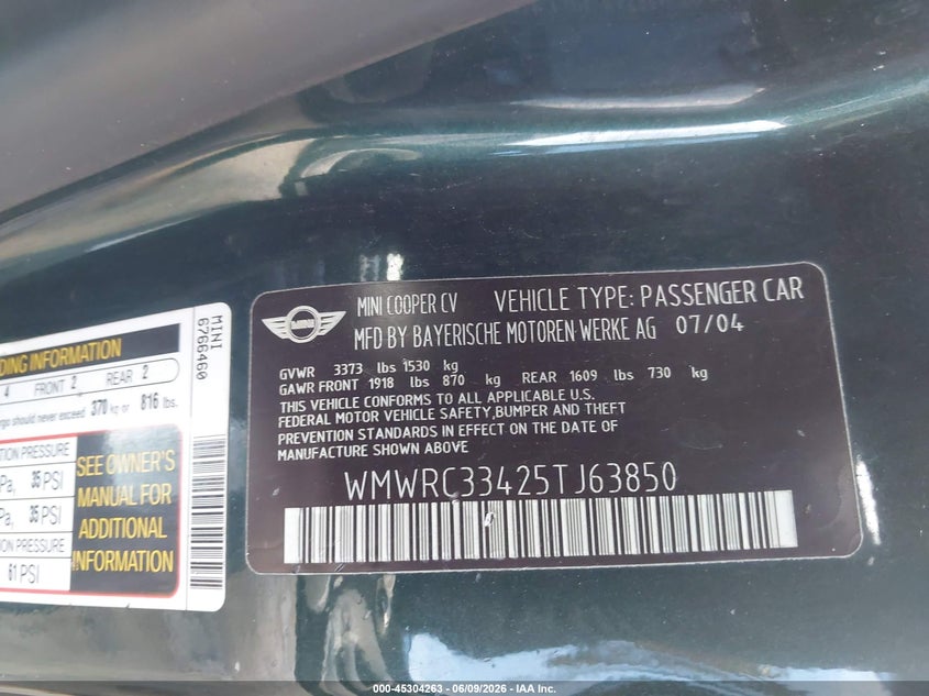 2005 Mini Cooper VIN WMWRC33425TJ63850 IAAI salvage auction — LEFT FRONT, Original (Texas), sold $375 on 2026-07-11 (photo 9)