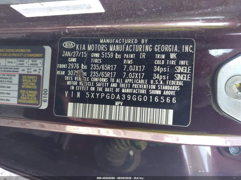 2016 Kia Sorento VIN 5XYPGDA39GG016566 IAAI salvage auction — LEFT FRONT, Salvage Title, sold $1,900 on 2026-07-27 (photo 9)