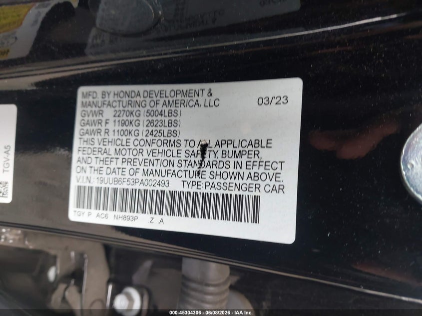2023 Acura Tlx VIN 19UUB6F53PA002493 IAAI salvage auction — RIGHT FRONT, Salvage Title, sold $13,500 on 2026-08-01 (photo 9)