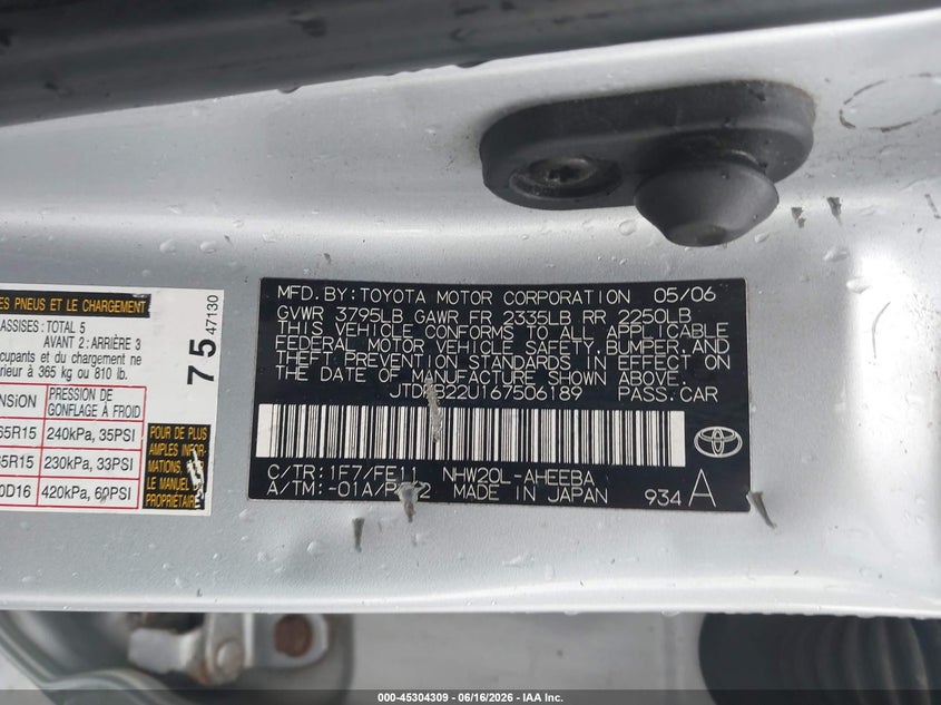 2006 Toyota Prius VIN JTDKB22U167506189 IAAI salvage auction — LEFT REAR, Parts Only Bos (Minnesota), sold $250 on 2026-07-06 (photo 9)