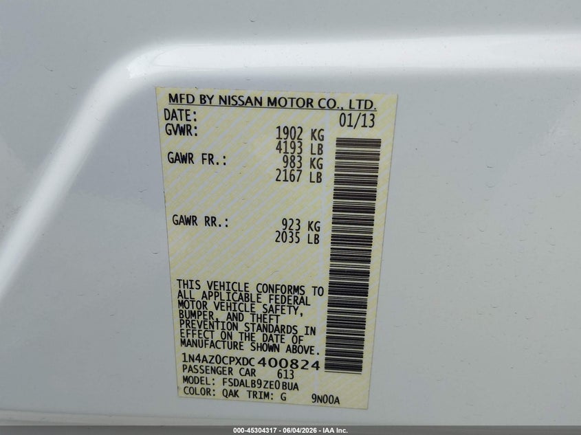 2013 Nissan Leaf VIN 1N4AZ0CPXDC400824 IAAI salvage auction — NORMAL WEAR, Clear (Washington), sold $600 on 2026-07-08 (photo 9)
