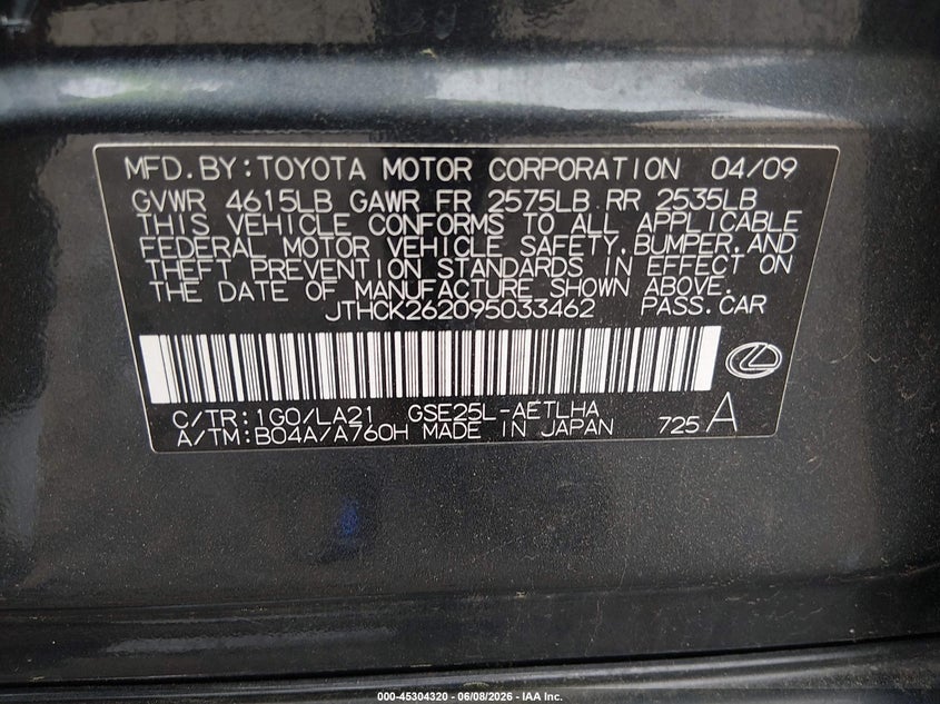 2009 Lexus Is 250 VIN JTHCK262095033462 IAAI salvage auction — NORMAL WEAR, Clear (Delaware), sold $425 on 2026-07-20 (photo 9)