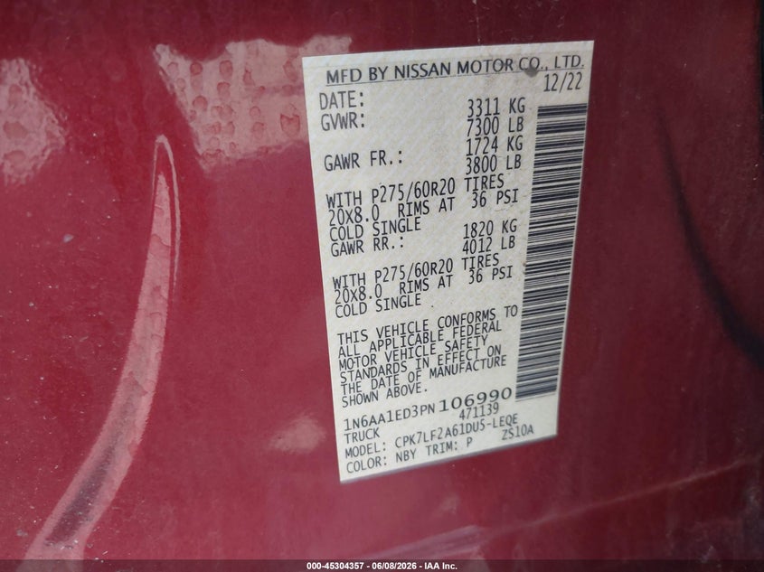 2023 Nissan TITAN VIN 1N6AA1ED3PN106990 IAAI salvage auction — HAIL, Salvage Title, sold $16,400 on 2026-07-14 (photo 9)