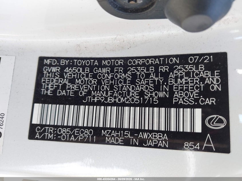 2021 Lexus Ux VIN JTHP9JBH0M2051715 IAAI salvage auction — ROOF, Salvage Title, sold $12,350 on 2026-07-14 (photo 9)