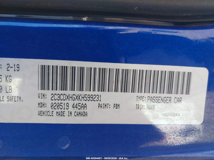 2019 Dodge Charger VIN 2C3CDXHGXKH599231 IAAI salvage auction — RIGHT FRONT, Salvage Title, sold $3,150 on 2026-07-22 (photo 9)