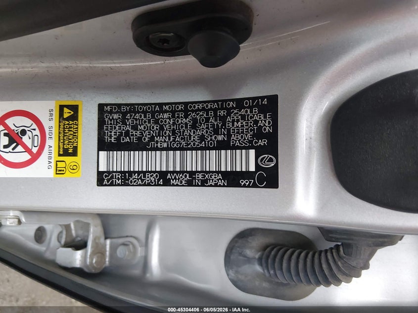 2014 Lexus ES VIN JTHBW1GG7E2054101 IAAI salvage auction — FRONT END, Salvage Title, sold $2,300 on 2026-07-29 (photo 9)