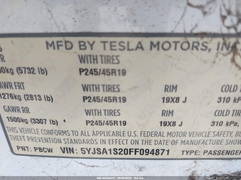 2015 Tesla Model s VIN 5YJSA1S20FF094871 IAAI salvage auction — LEFT FRONT, Rebuildable (Florida), sold $2,950 on 2026-07-30 (photo 9)
