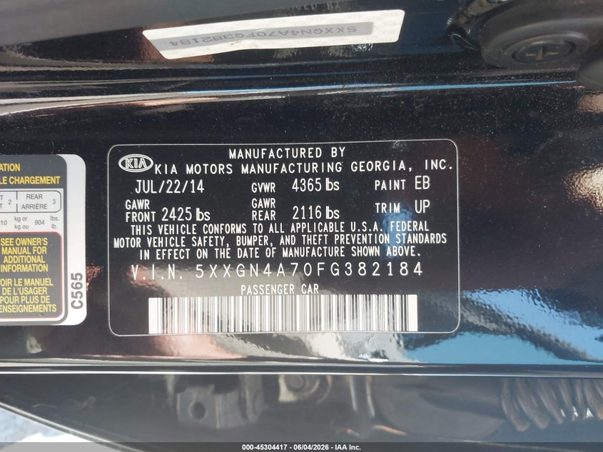 2015 Kia Optima VIN 5XXGN4A70FG382184 IAAI salvage auction — FRONT END, Salvage Title, sold $975 on 2026-07-22 (photo 9)