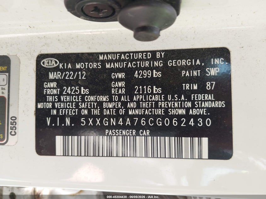2012 Kia Optima VIN 5XXGN4A76CG062430 IAAI salvage auction — FRONT END, Salvage (Ohio), sold $300 on 2026-07-20 (photo 9)