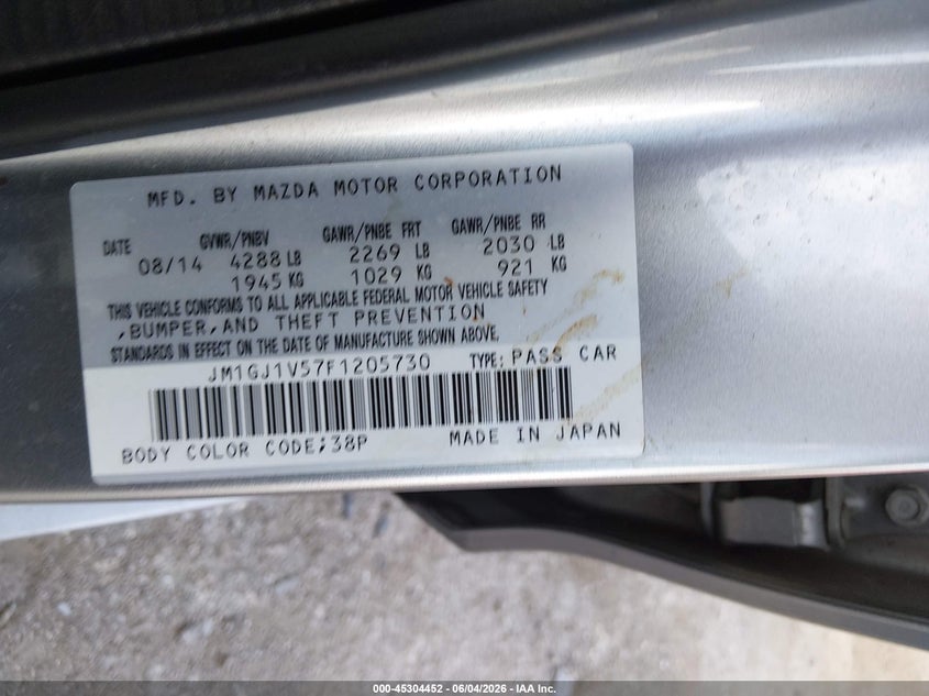 2015 Mazda 6 VIN JM1GJ1V57F1205730 IAAI salvage auction — LEFT SIDE, Salvage (Texas), sold $1,225 on 2026-07-28 (photo 9)