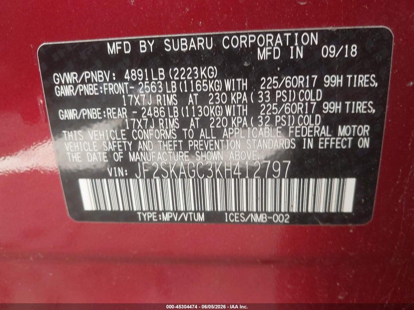 2019 Subaru Forester VIN JF2SKAGC3KH412797 IAAI salvage auction — LEFT FRONT, Salvage (Massachusetts), sold $2,850 on 2026-07-07 (photo 9)