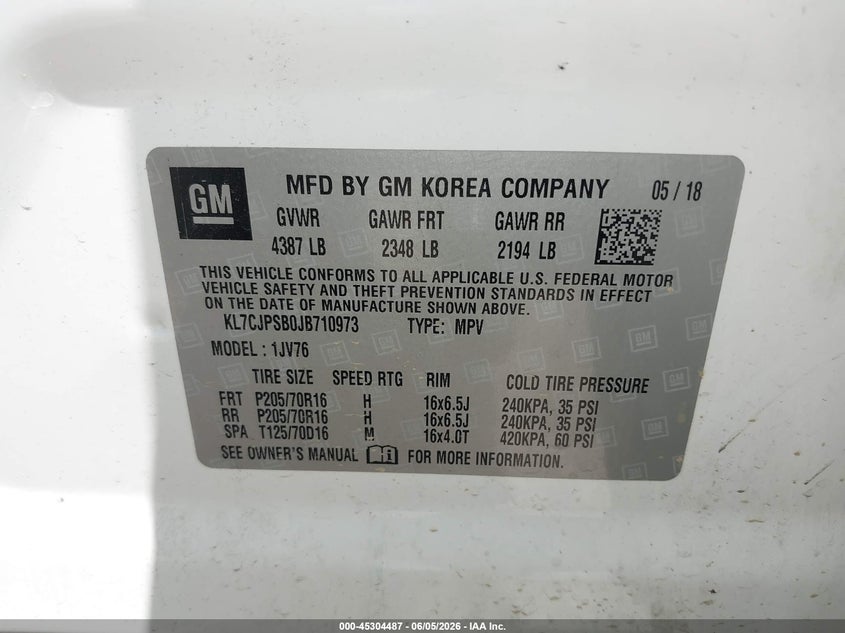 2018 Chevrolet Trax VIN KL7CJPSB0JB710973 IAAI salvage auction — REAR END, Salvage Title, sold $1,500 on 2026-07-23 (photo 9)