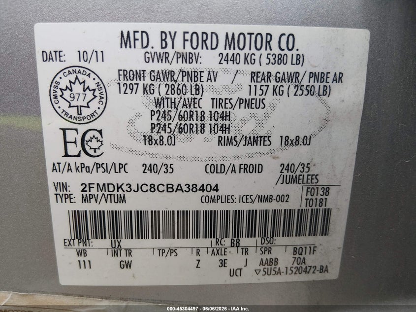 2012 Ford Edge VIN 2FMDK3JC8CBA38404 IAAI salvage auction — LEFT FRONT, Salvage Title, sold $650 on 2026-07-26 (photo 9)