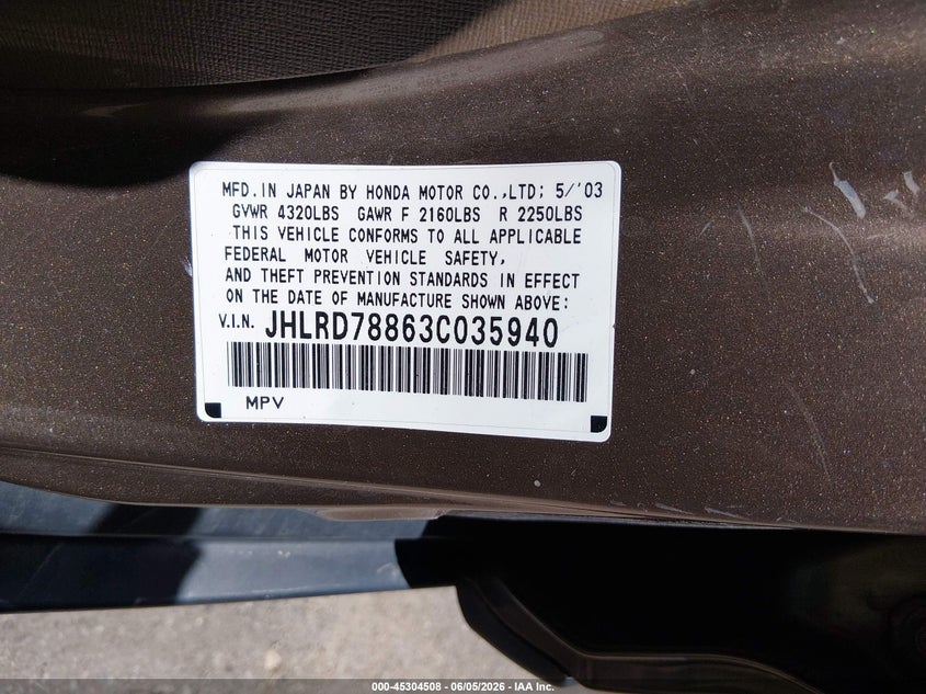 2003 Honda Cr-v VIN JHLRD78863C035940 IAAI salvage auction — FRONT END, Salvage (Utah), sold $25 on 2026-07-30 (photo 9)