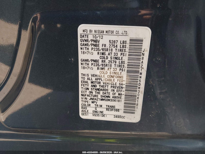 2013 Nissan Murano VIN JN8AZ1MW5DW306181 IAAI salvage auction — FRONT END, Salvage Title, sold $25 on 2026-07-28 (photo 9)