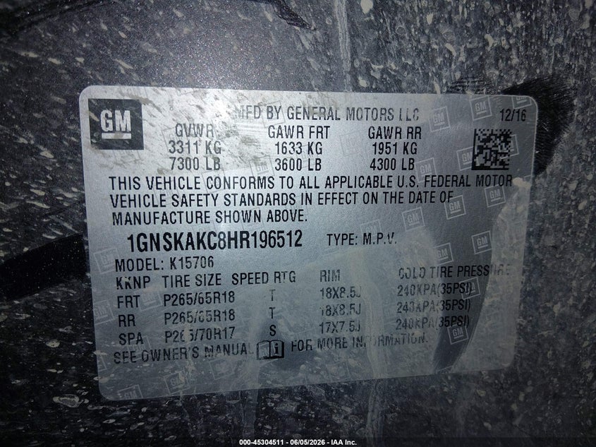 2017 Chevrolet Tahoe VIN 1GNSKAKC8HR196512 IAAI salvage auction — FRONT END, Salvage Title, sold $125 on 2026-07-09 (photo 9)