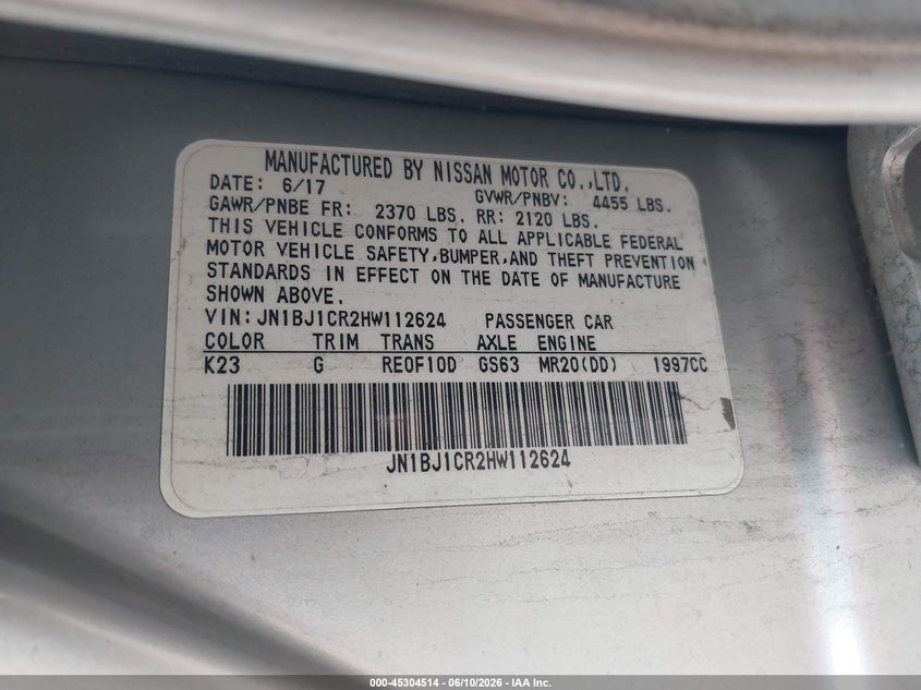 2017 Nissan Rogue VIN JN1BJ1CR2HW112624 IAAI salvage auction — FRONT END, Salvage Title, sold $225 on 2026-07-28 (photo 9)