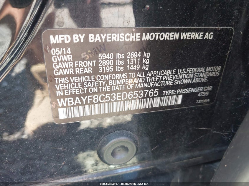 2014 BMW 7er VIN WBAYF8C53ED653765 IAAI salvage auction — NORMAL WEAR, Clear (New York), sold $975 on 2026-07-07 (photo 9)