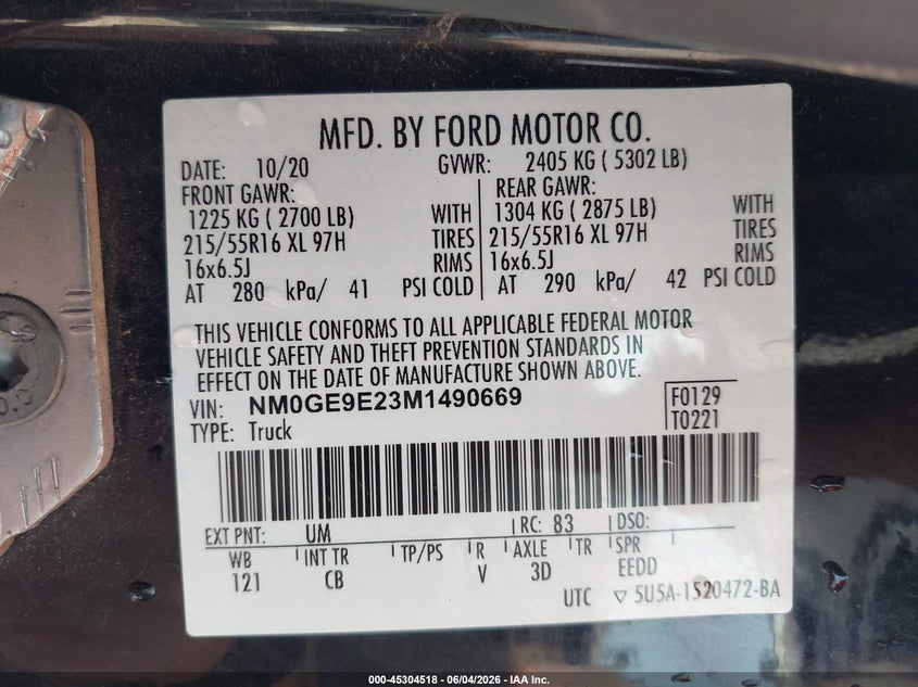 2021 Ford Transit connect VIN NM0GE9E23M1490669 IAAI salvage auction — NORMAL WEAR, Sf97 (Indiana), sold $13,900 on 2026-07-15 (photo 9)